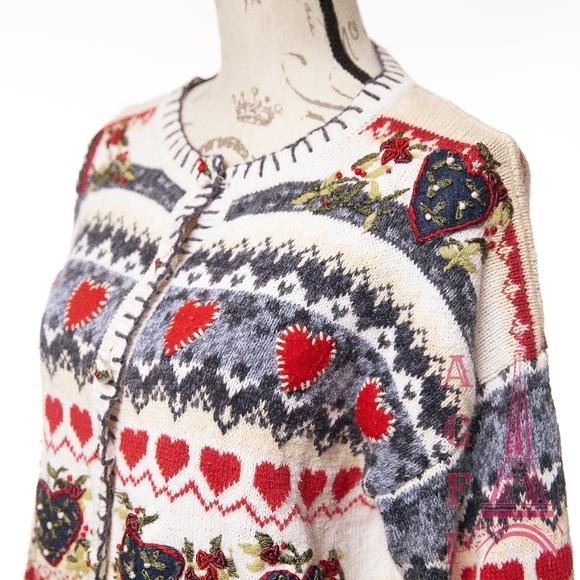 Heirloom Collectibles vintage hearts ugly Christmas chunky knit sweater cardigan - Picture 8 of 16